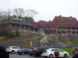 The spectacular new dining hall is to the left of the original Castle